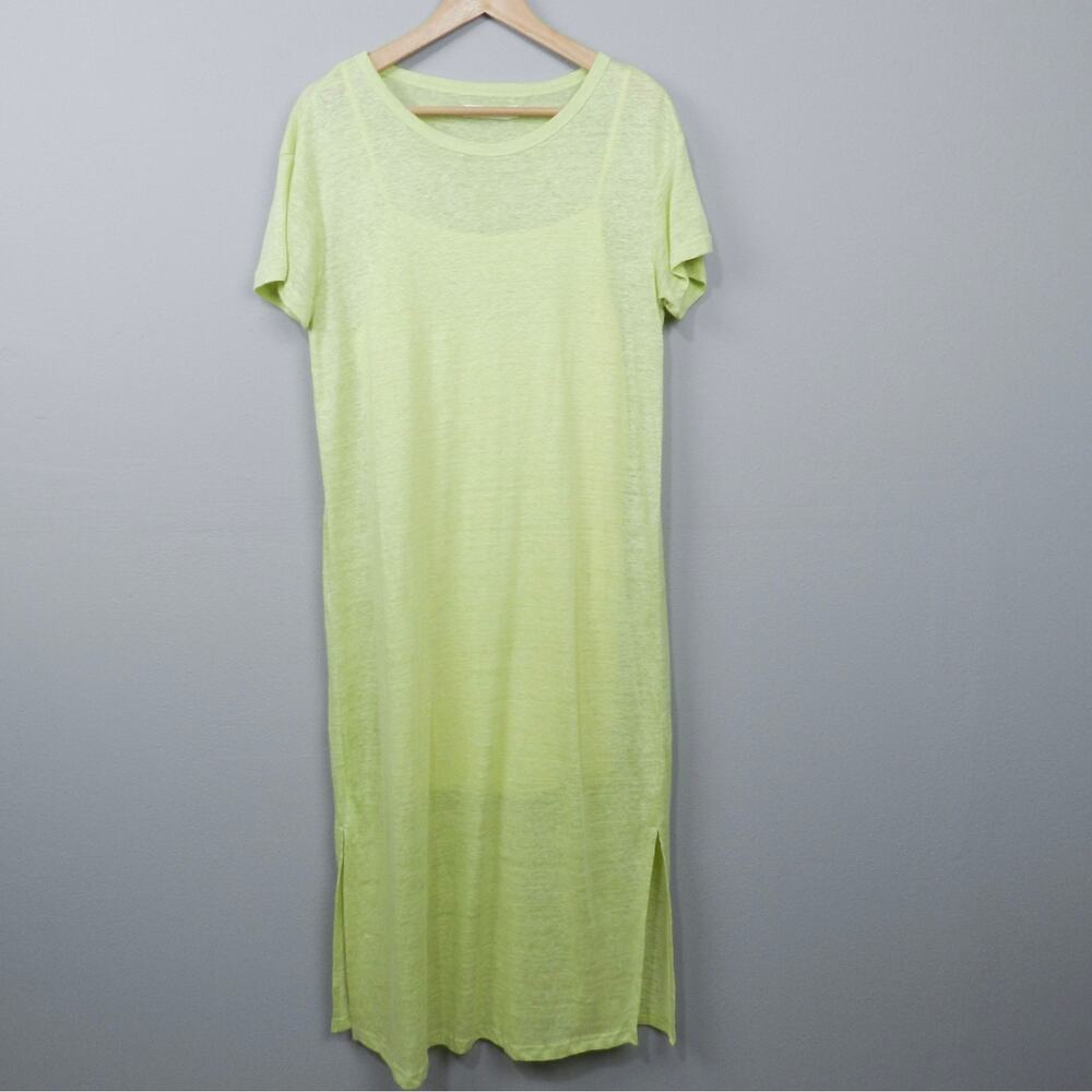 MOD REF Linen T Shirt‎ Midi Dress Sz S Neon Yellow Sheer Knit Side Slit Shift